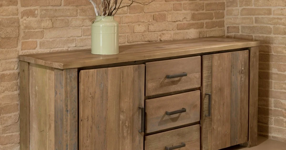 Credenza Living con 2 Ante e 3 Cassetti Centrali in Legno Riciclato - Slide