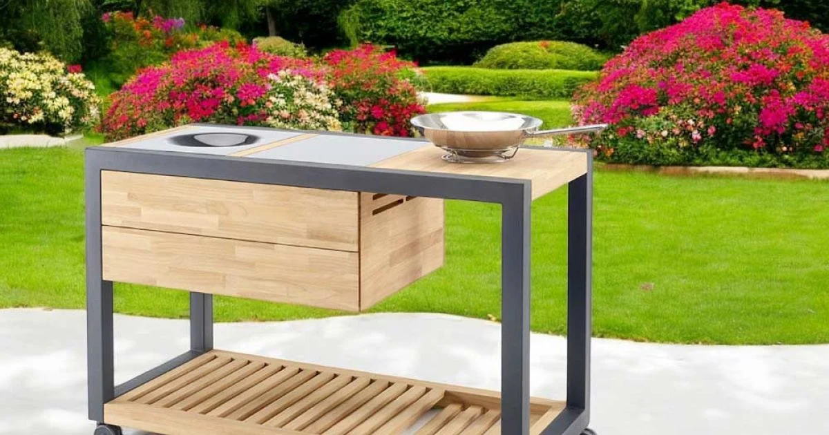 Cucina da Esterno 140x65x93 cm Realizzata in Teak Massiccio e Alluminio - Conviviale