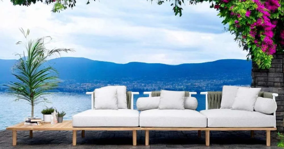 Divano 4 Posti in Teak, Intreccio in Corda e Cuscini - Bellatrix