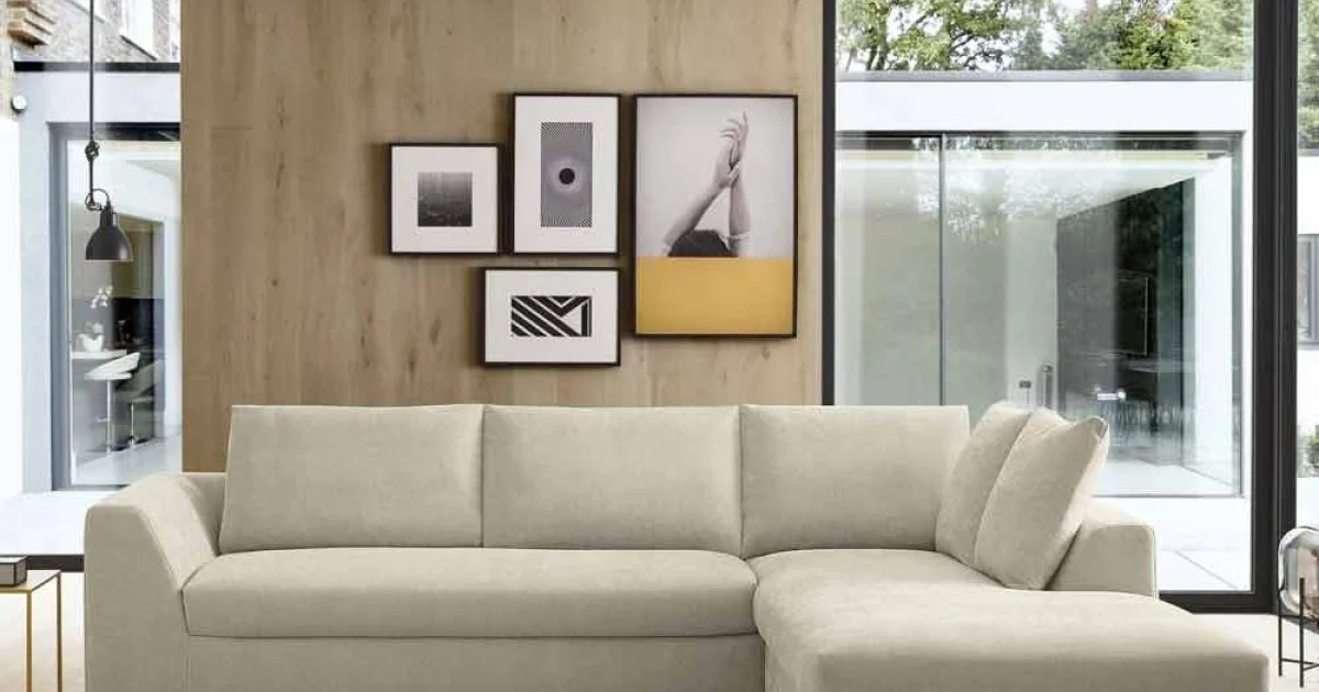 Divano Letto Angolare di Design in Tessuto Beige Realizzato in Italia - Ortensia