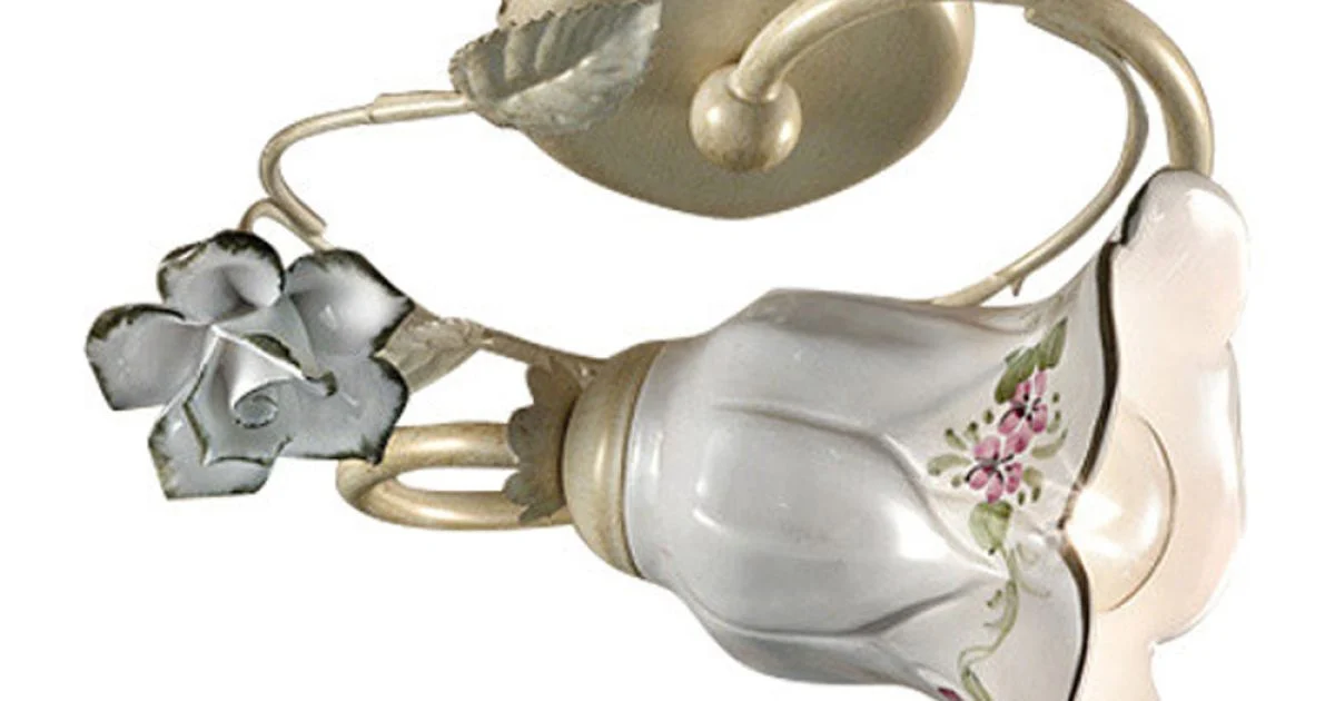 Lampada a Soffitto in Metallo e Ceramica con Rosa Dipinta a Mano - Pisa