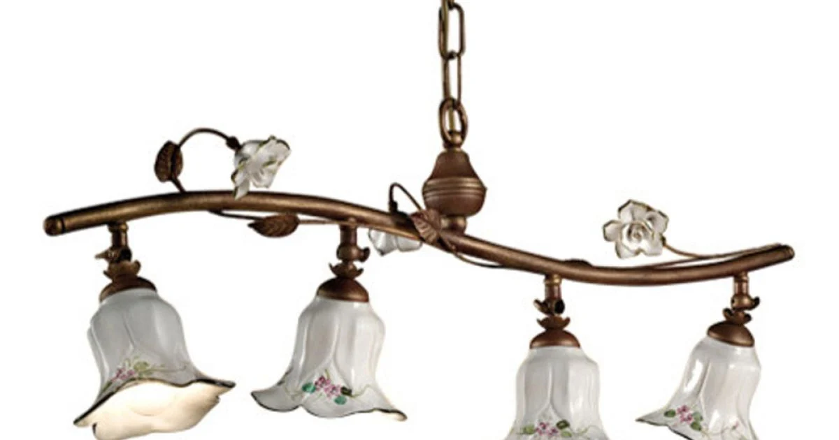 Lampada a Sospensione a 4 Luci in Ceramica Artigianale Rose Decoro - Pisa