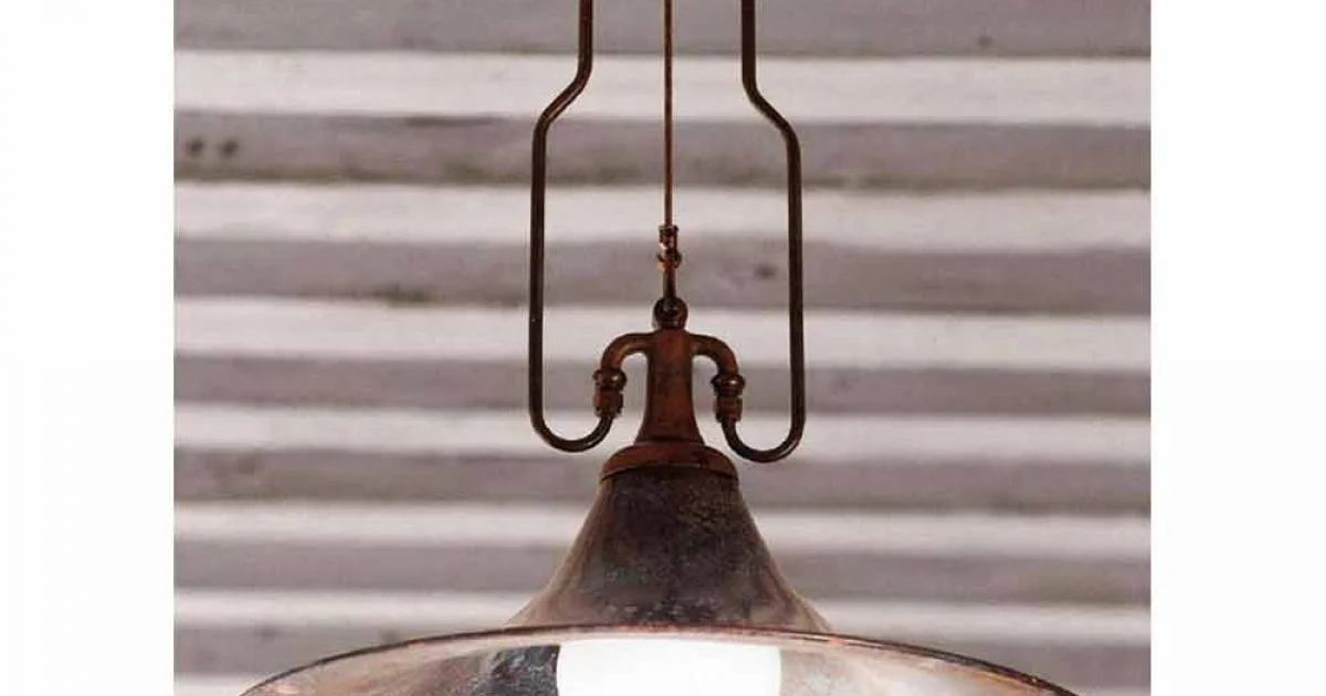 Lampada a sospensione in ottone e rame Mulino con gancio di Aldo Bernardi