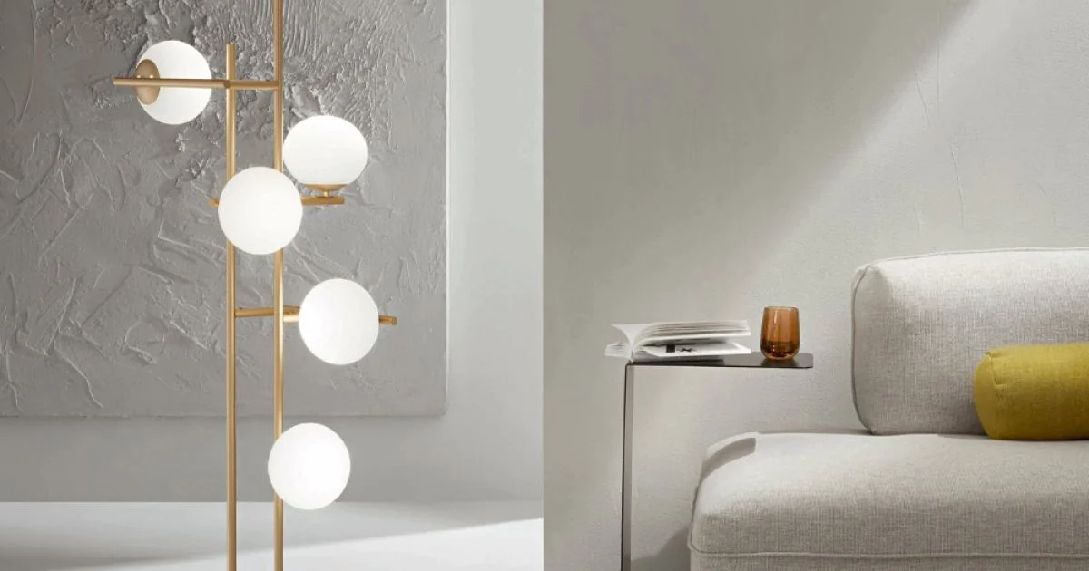 Lampada a Terra con LED in Metallo Verniciato Color Oro e Vetro Soffiato - Ailanto