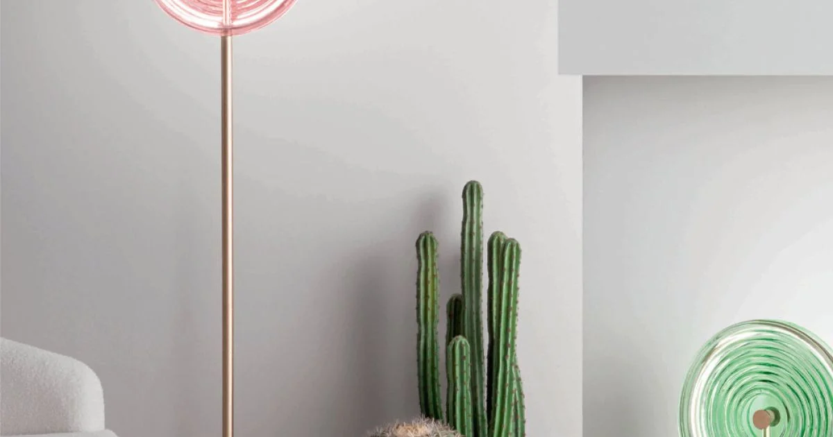 Lampada da Terra in Metallo e Vetro Decorato a Righe Concentriche - Bagolaro