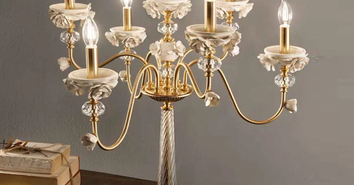 Lampada Flambeaux 7 Luci Classica in Porcellana e Vetro Soffiato - Eteria