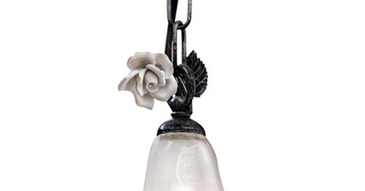 Lampada Sospesa in Ferro e Vetro con Rosa di Decoro in Ceramica - Siena
