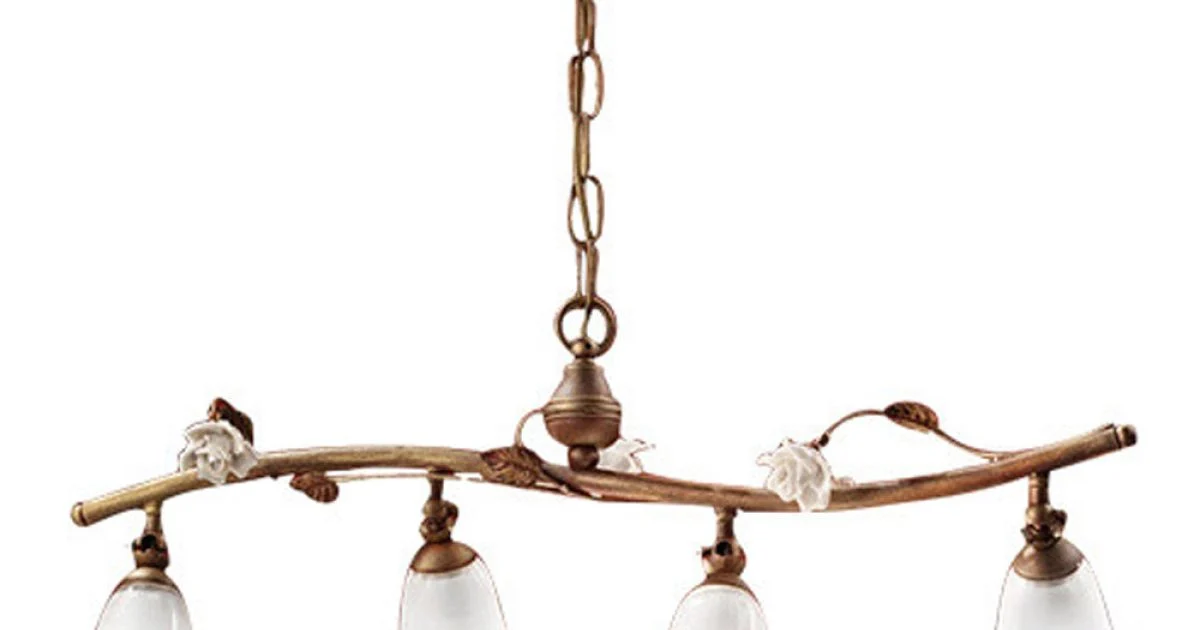 Lampada Sospesa Lineare 4 Luci in Ferro, Vetro e Rose di Ceramica - Siena