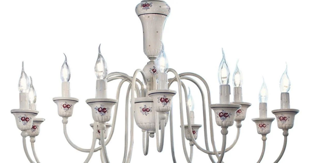 Lampadario 12 Luci Artigianale Ceramica Dipinta a Mano e Ottone - Sanremo