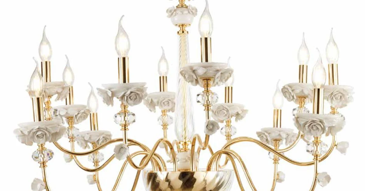 Lampadario 12 Luci Classico in Porcellana e Vetro Soffiato Lusso - Eteria