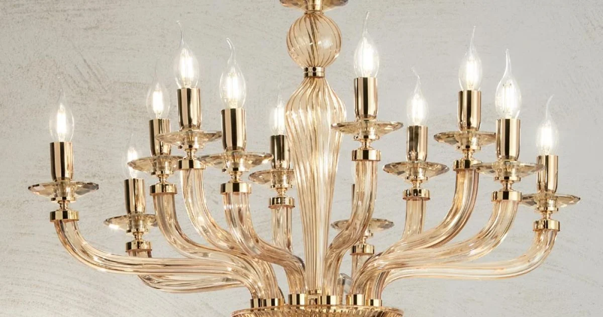 Lampadario 12 Luci Classico in Vetro Rigaton Lavorato a Mano - Fievole
