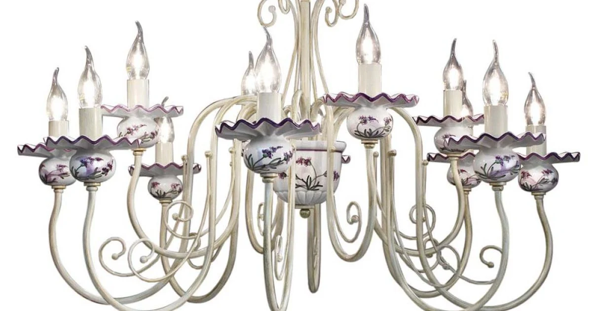 Lampadario 12 Luci in Ceramica Decoro a Mano e Ottone Anticato - Sanremo