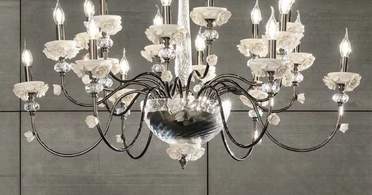 Lampadario 18 Luci Classico in Porcellana e Vetro Soffiato Lusso - Eteria