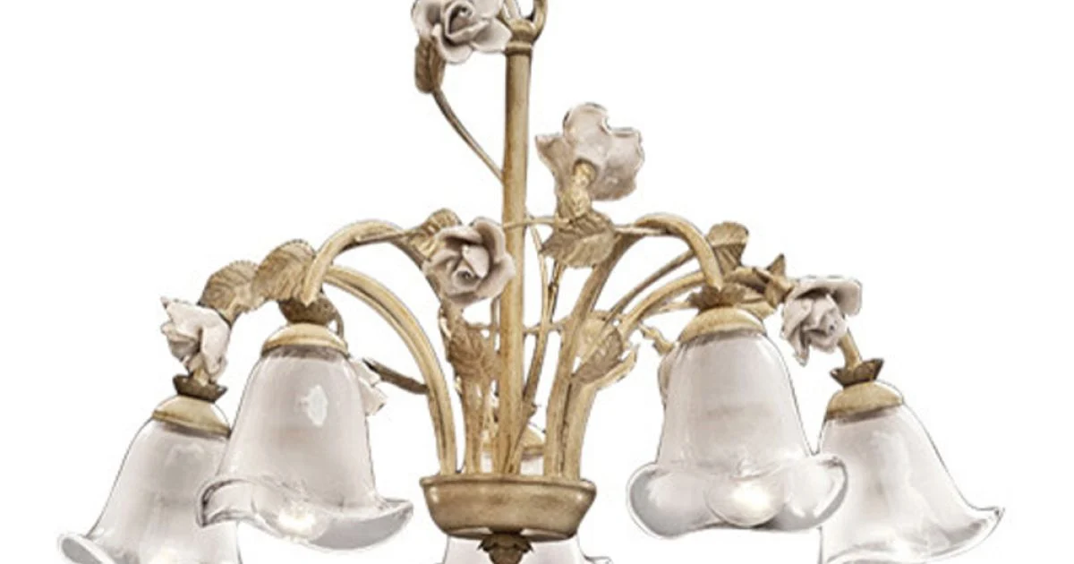 Lampadario 5 Luci in Ferro e Vetro Sabbiato con Rose di Ceramica - Siena