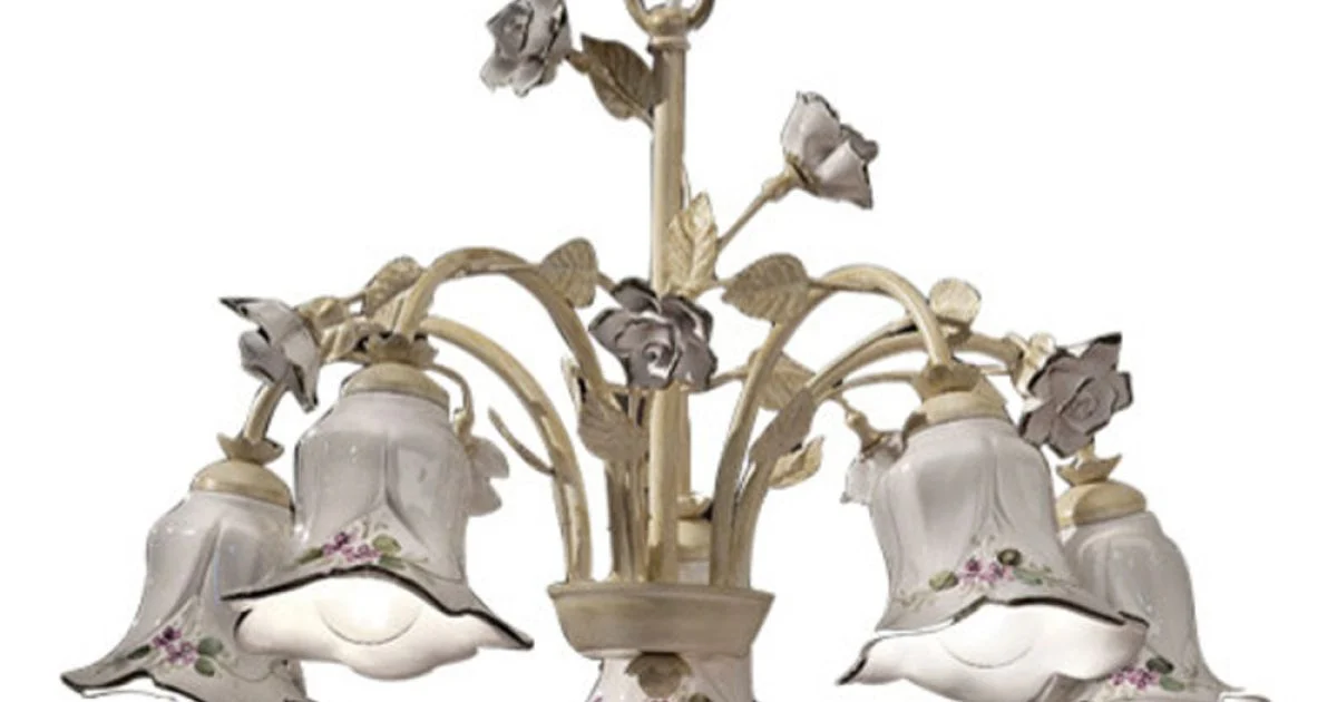 Lampadario 5 Luci in Metallo e Ceramica Decorata a Mano e Rose - Pisa