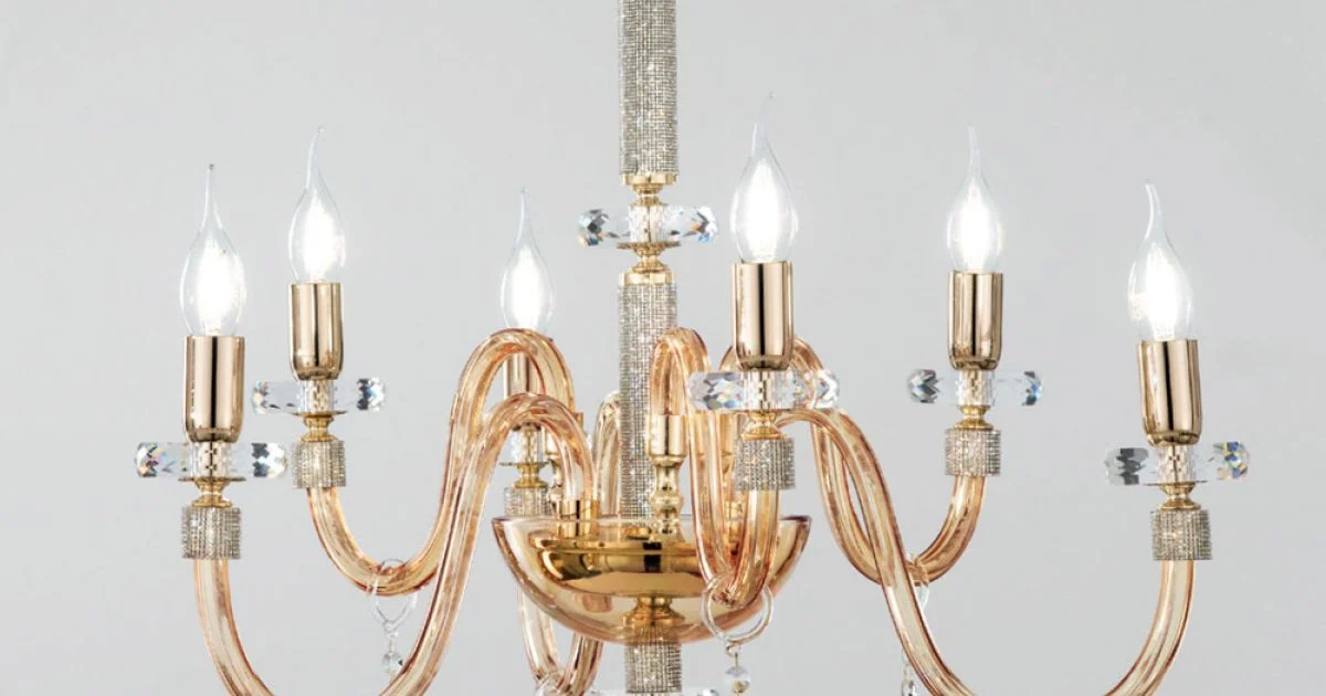Lampadario 6 Luci Classico Vetro Italiano Lavorato a Mano Ambra - Similo