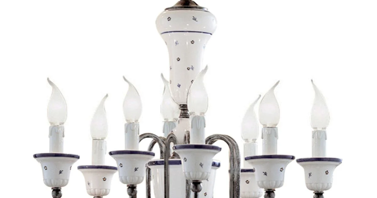Lampadario 8 Luci Artigianale Ceramica Dipinta a Mano e Ottone - Sanremo