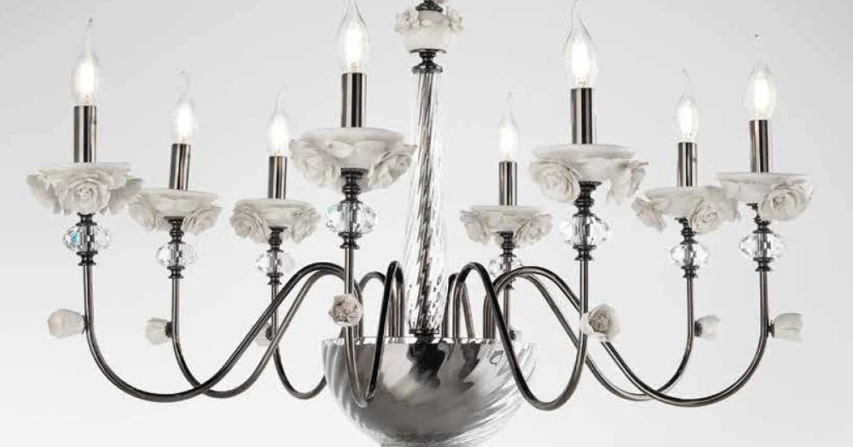 Lampadario 8 Luci Classico in Porcellana e Vetro Soffiato Lusso - Eteria