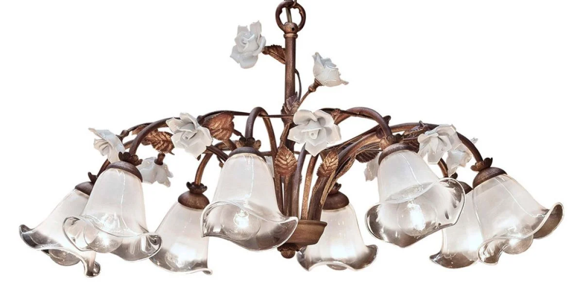 Lampadario 8 Luci in Ferro e Vetro Sabbiato con Rose di Ceramica - Siena