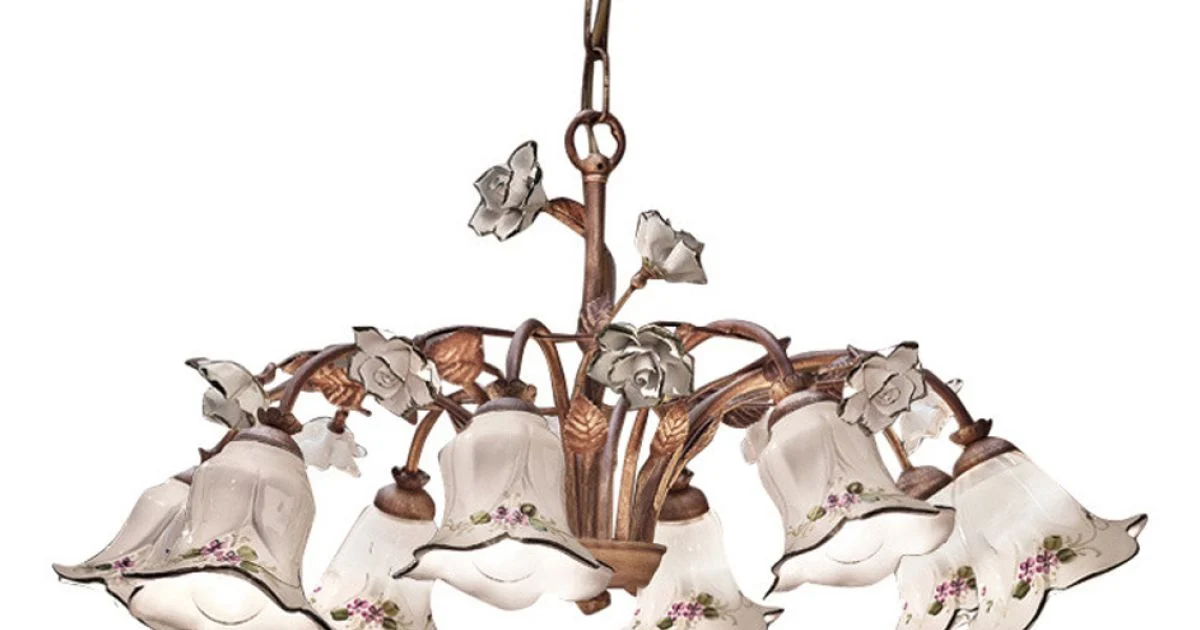 Lampadario 8 Luci in Metallo e Ceramica Decorata a Mano e Rose - Pisa
