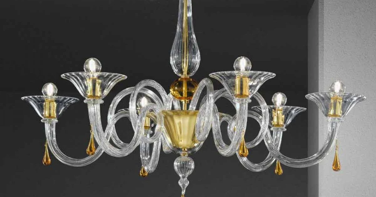 Lampadario in Vetro Veneziano a 6 Luci Fatto a Mano, Made in Italy - Margherita