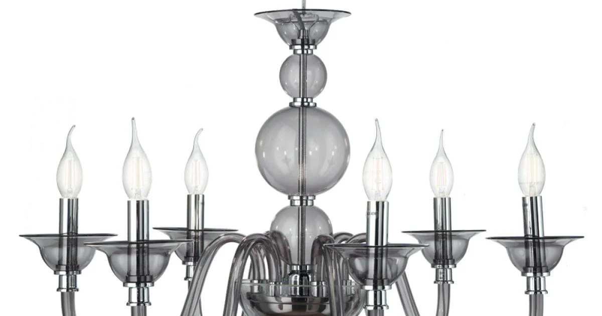 Lampadario Classico 6 Luci Vetro Fumè a Mano Italiano e Metallo - Memore