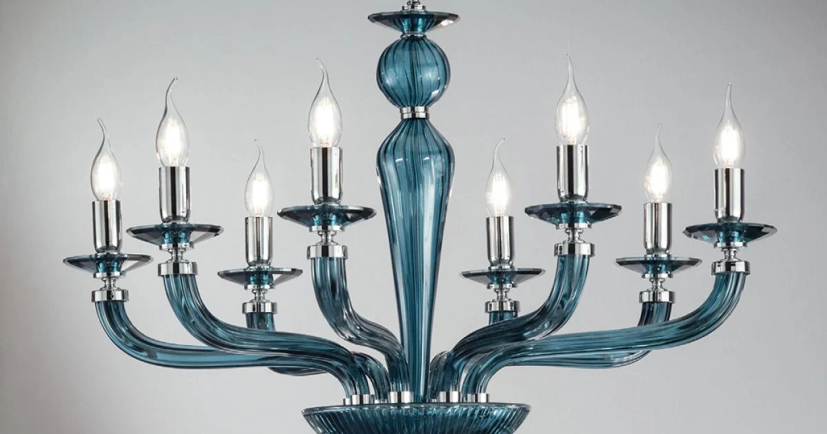 Lampadario Classico 8 Luci Vetro Fatto a Mano Rigaton e Metallo - Fievole