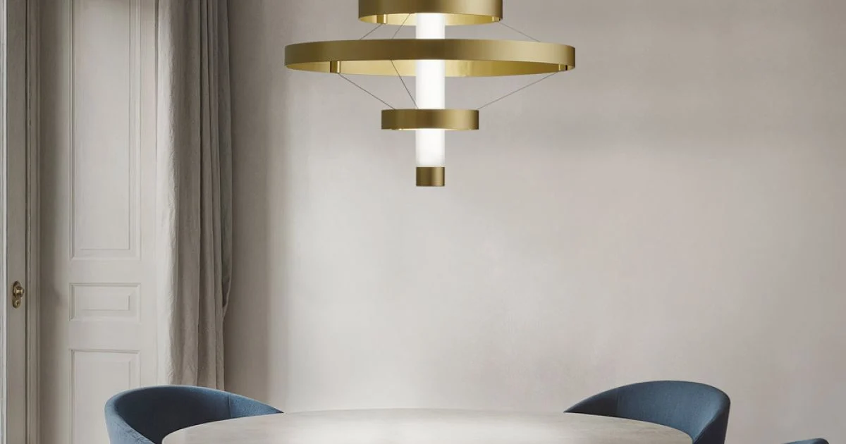 Lampadario con Corpo Luminoso in Vetro e 3 Cerchi in Alluminio - Clara