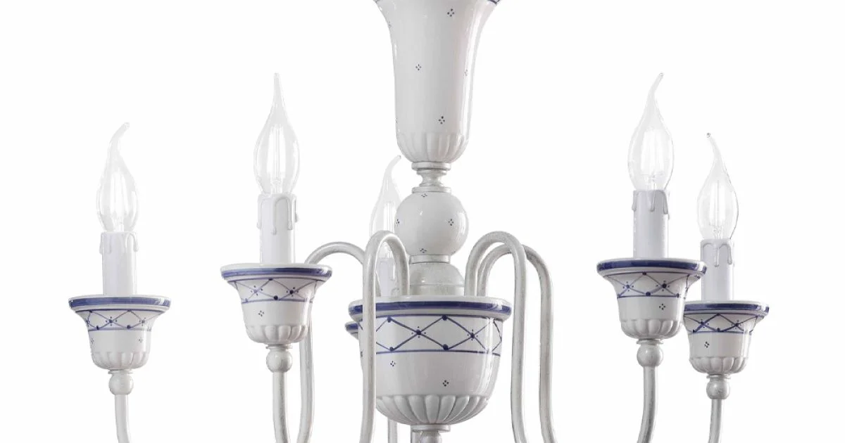 Lampadario Salotto a  5 Luci in Ceramica Dipinta a Mano e Ottone - Sanremo