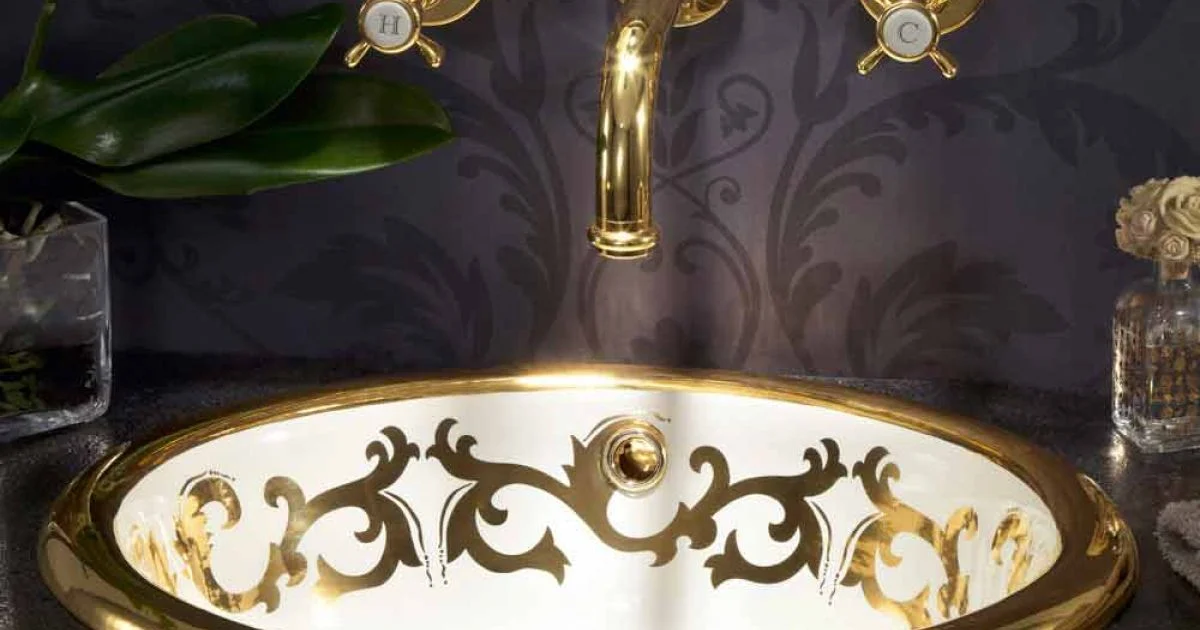 Lavabo a incasso decorato in fire clay e oro fatto in Italia, Otis