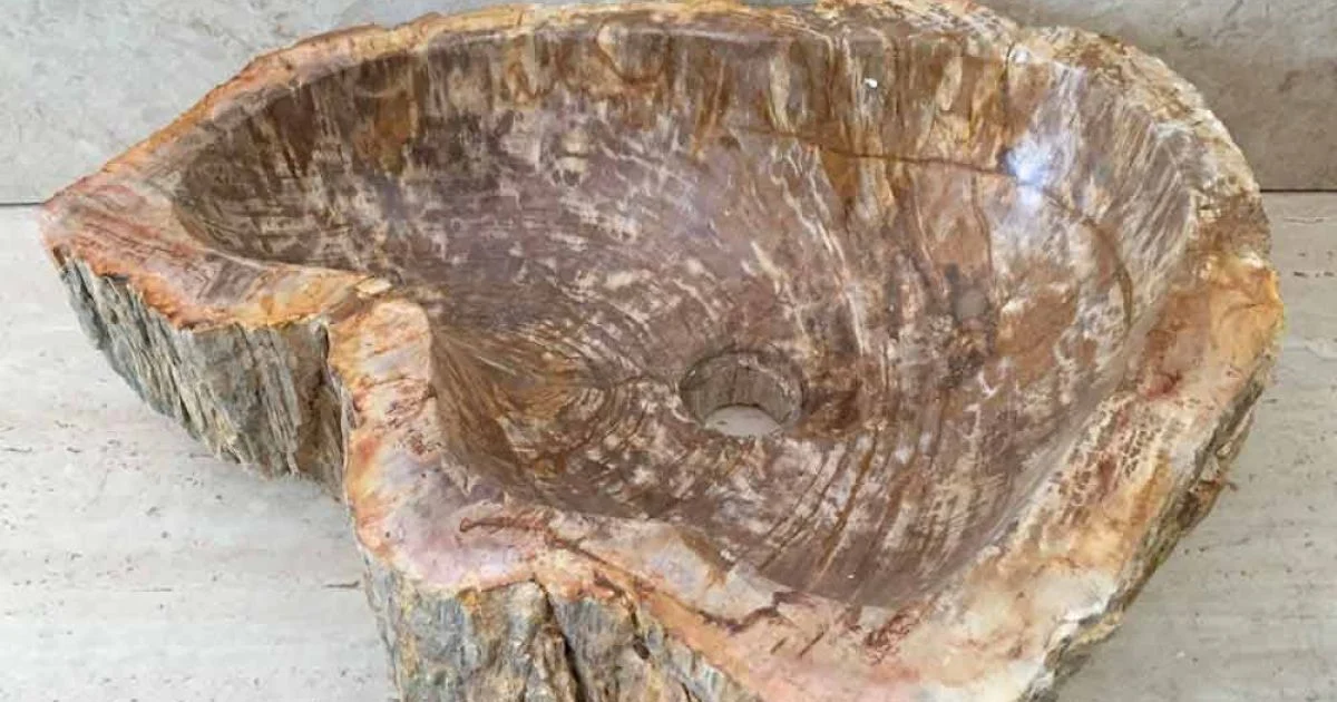 Lavabo di design da appoggio in legno fossile Star Big, fatto a mano