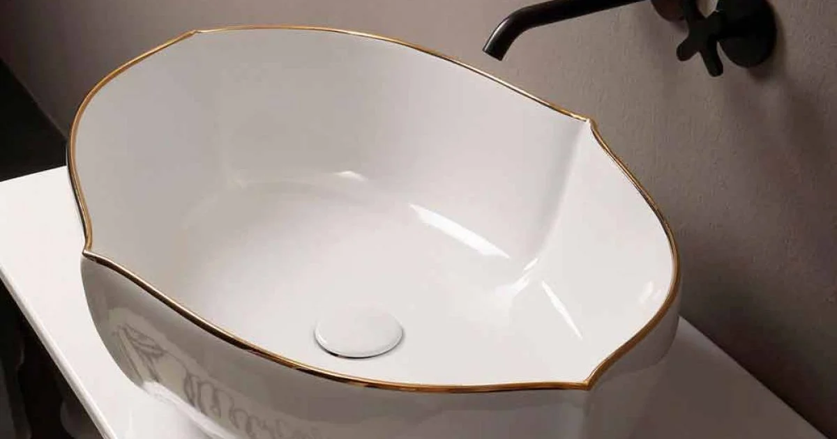 Lavabo da appoggio design ceramica bianco bordo oro made Italy Oscar