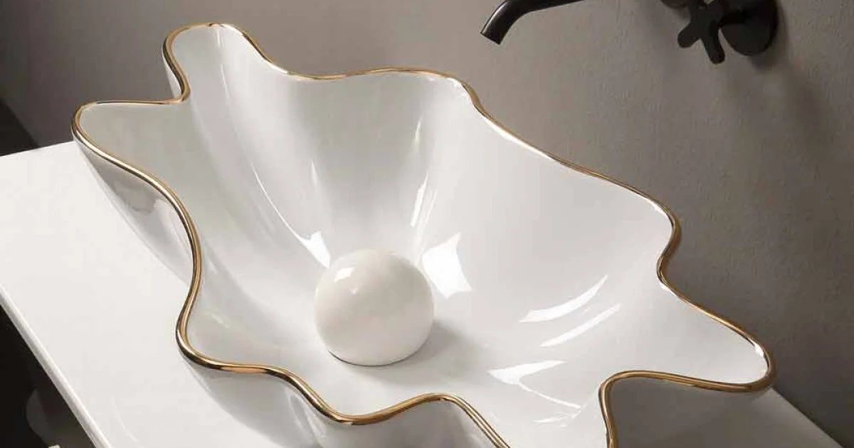 Lavabo da appoggio design ceramica bianco bordo oro made Italy Rayan