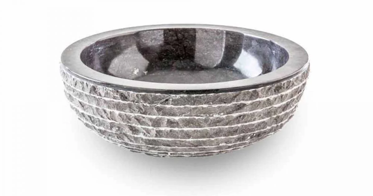Lavabo da Appoggio Design Rotondo in Marmo Nero Lavorato a Mano - Lino