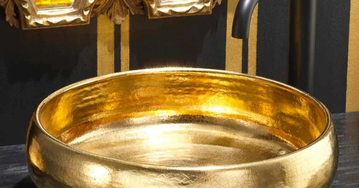 Lavabo da appoggio di design in ceramica raku oro made in Italy, Ramon