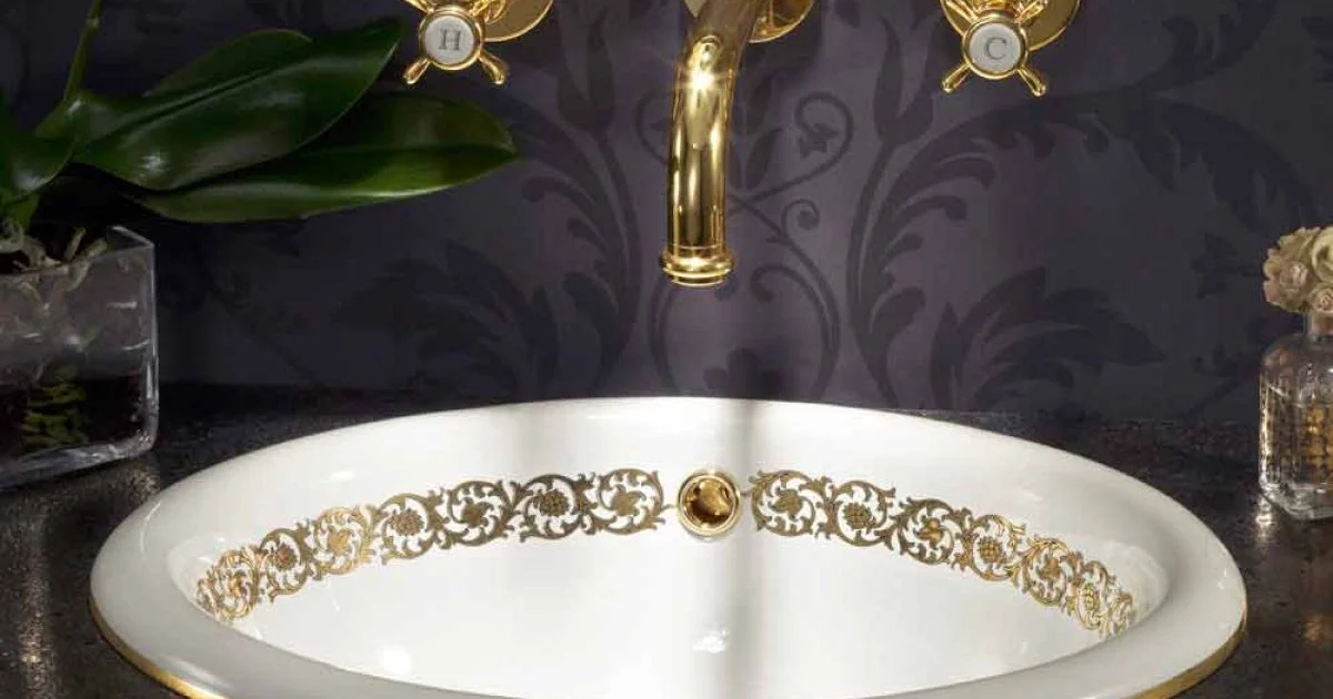 Lavabo da bagno a incasso in fire clay e oro made in Italy, Otis