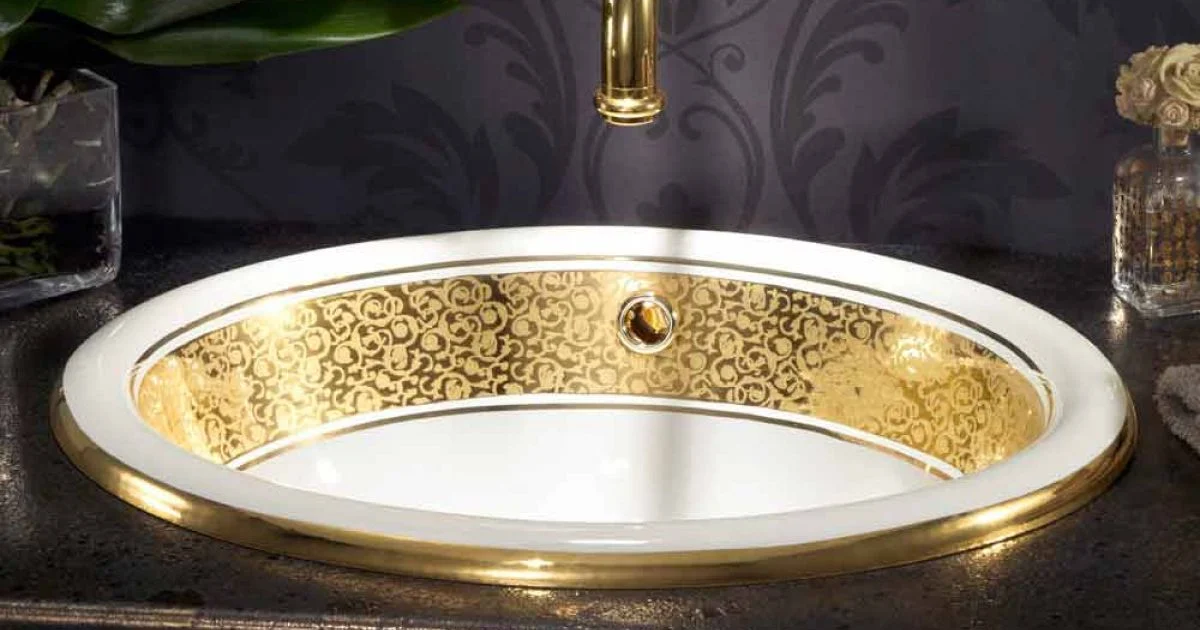 Lavabo da incasso tondo in fire clay e oro fatto in Italia, Otis