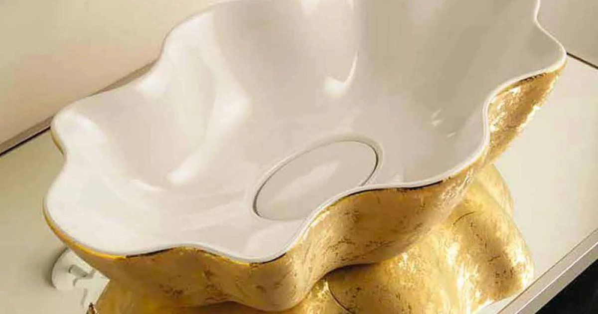 Lavabo di design da appoggio in ceramica bianco e oro made Italy Cubo
