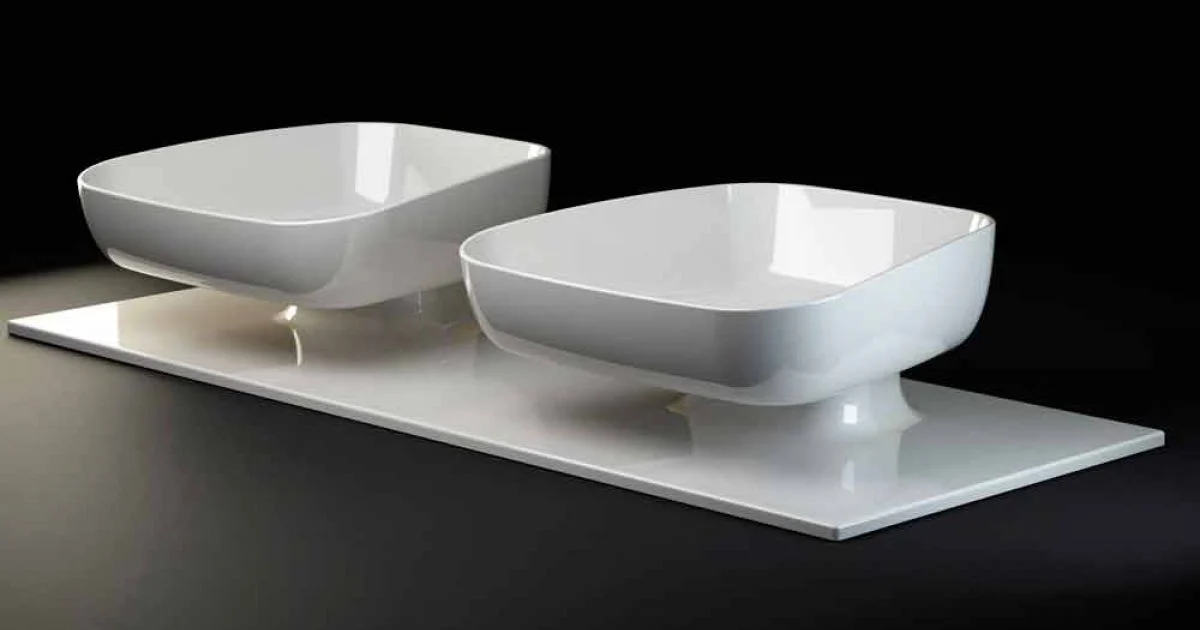 Lavabo doppio da appoggio in ceramica moderno fatto in Italia, Reale