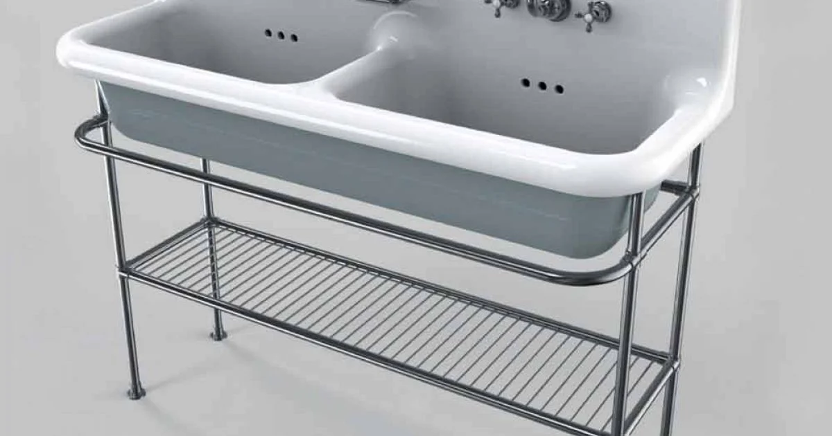 Lavabo in ceramica vintage a due vasche da appoggio su struttura Calvin