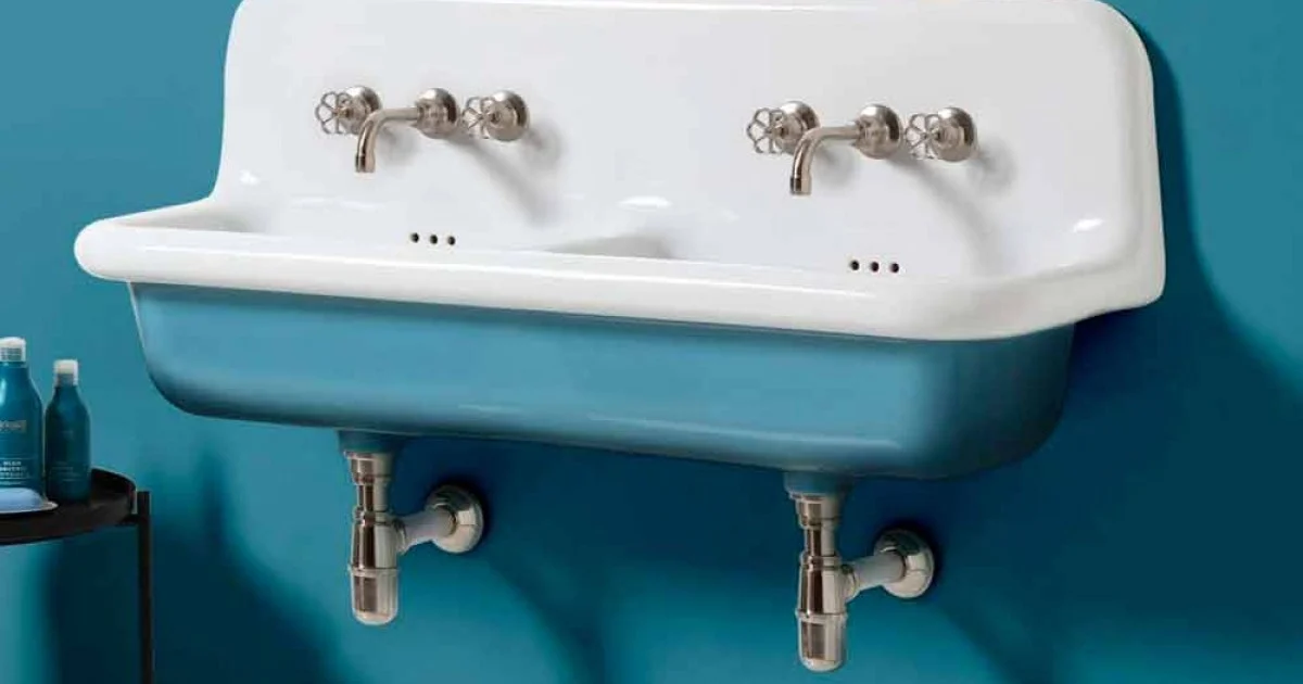 Lavabo vintage da muro a doppia vasca in ceramica di design Jack