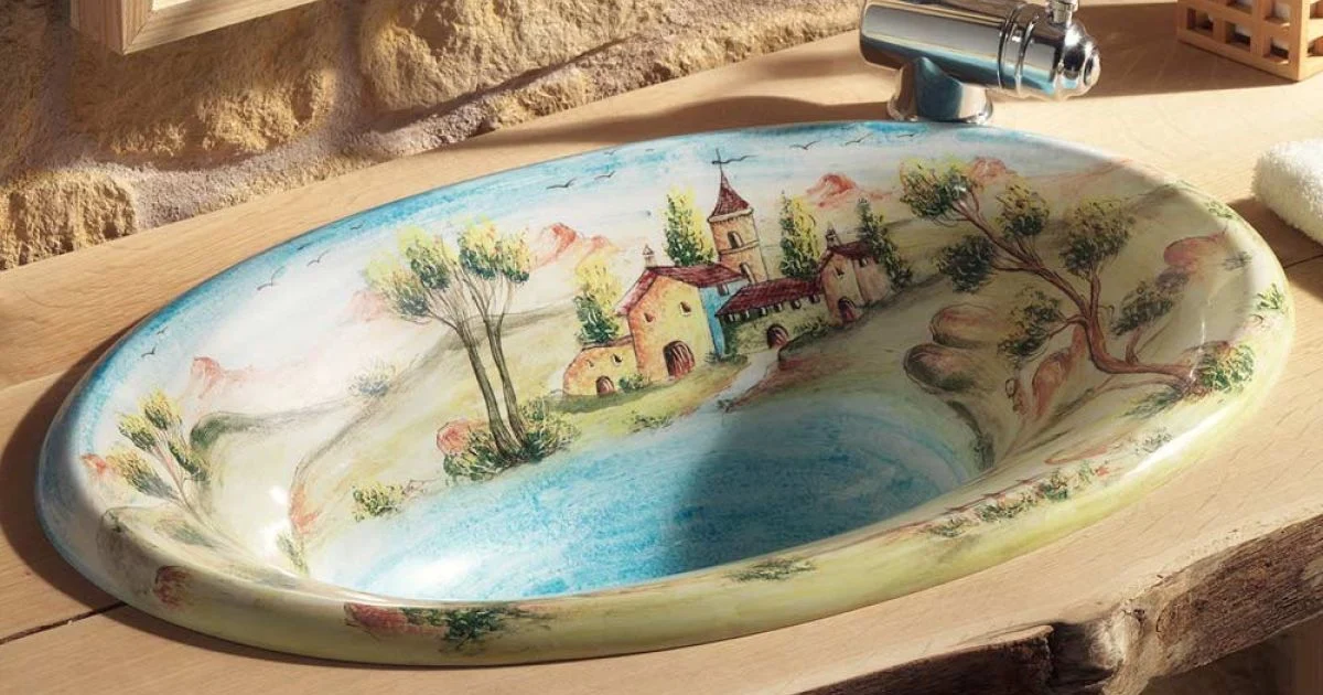 Lavabo Semincasso in Fire Clay con Paesaggio di Deruta Made in Italy - Principe