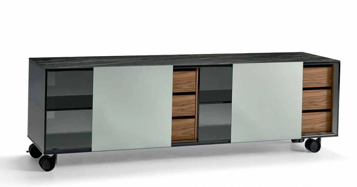 Madia Moderna su Ruote in Vetro Fumè e Top in Ceramica Made in Italy – Scocca