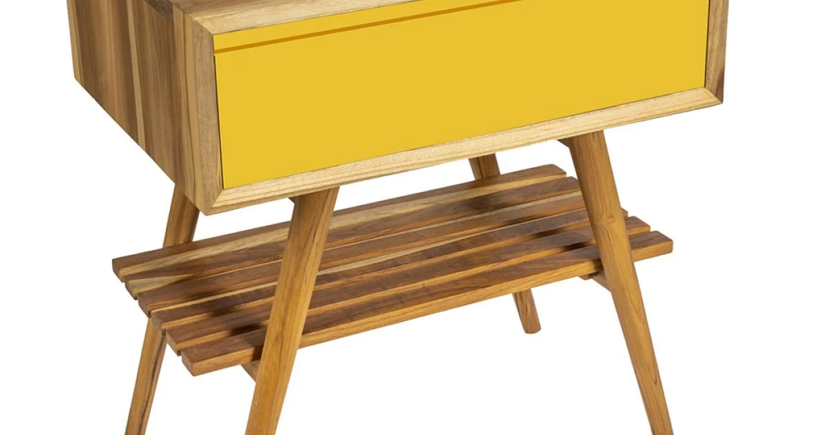Mobile Bagno in Teak Naturale con Cassetto Giallo a Ribaltina - Gatien