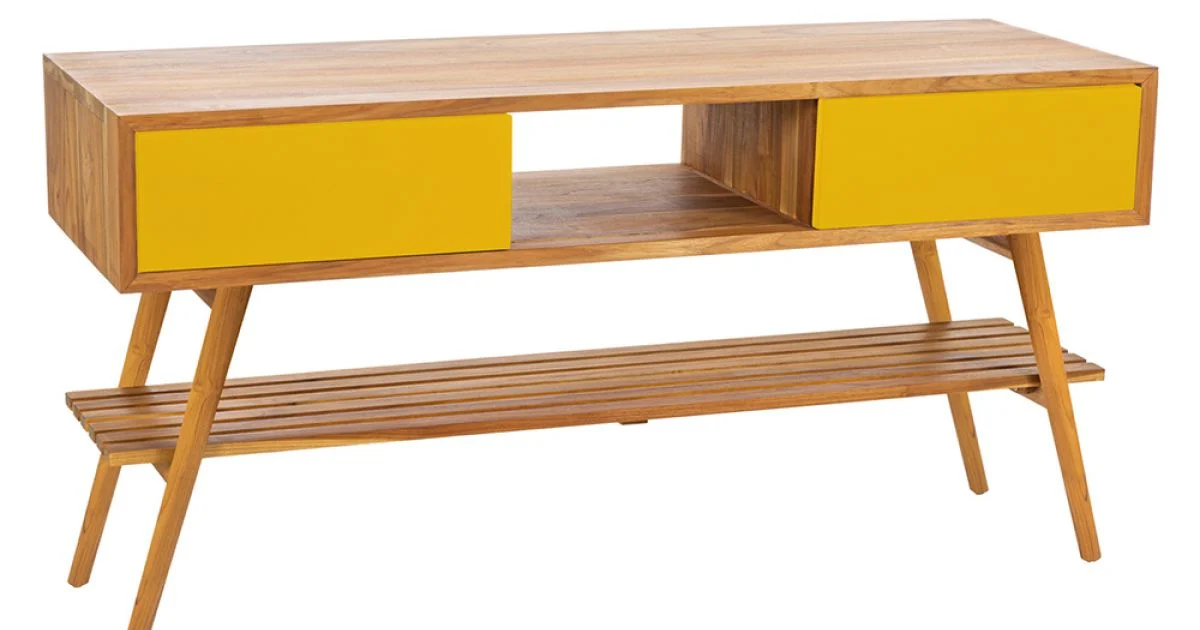 Mobile Bagno a Terra in Teak Naturale con 2 Cassetti Gialli  - Hamadou