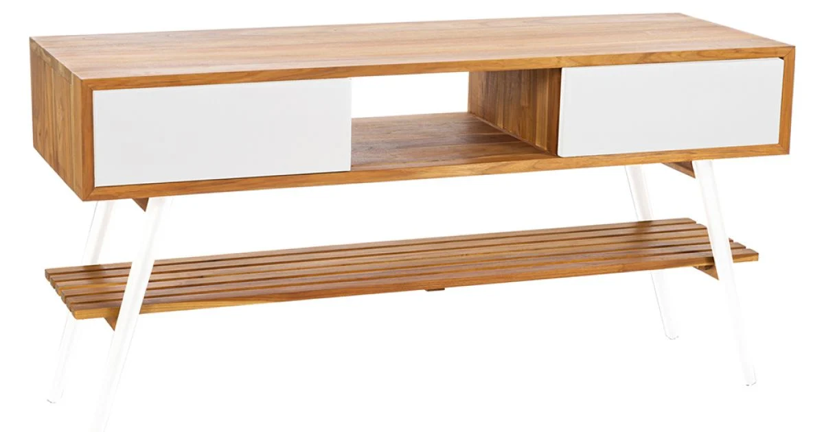 Mobile Bagno in Teak Naturale con Cassetti Bianchi in Mogano - Hamadou