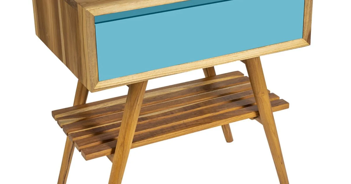 Mobile Bagno a Terra in Teak Naturale con Cassetto Blu in Mogano - Gatien