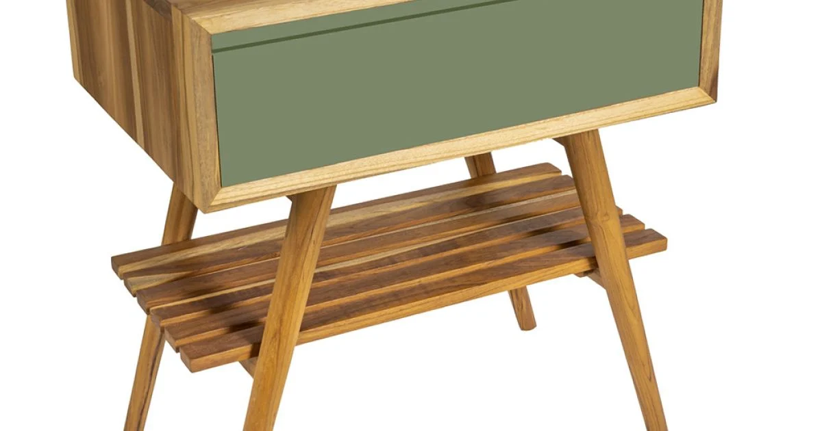 Mobile Bagno con Struttura in Teak Naturale e Cassetto Verde - Gatien