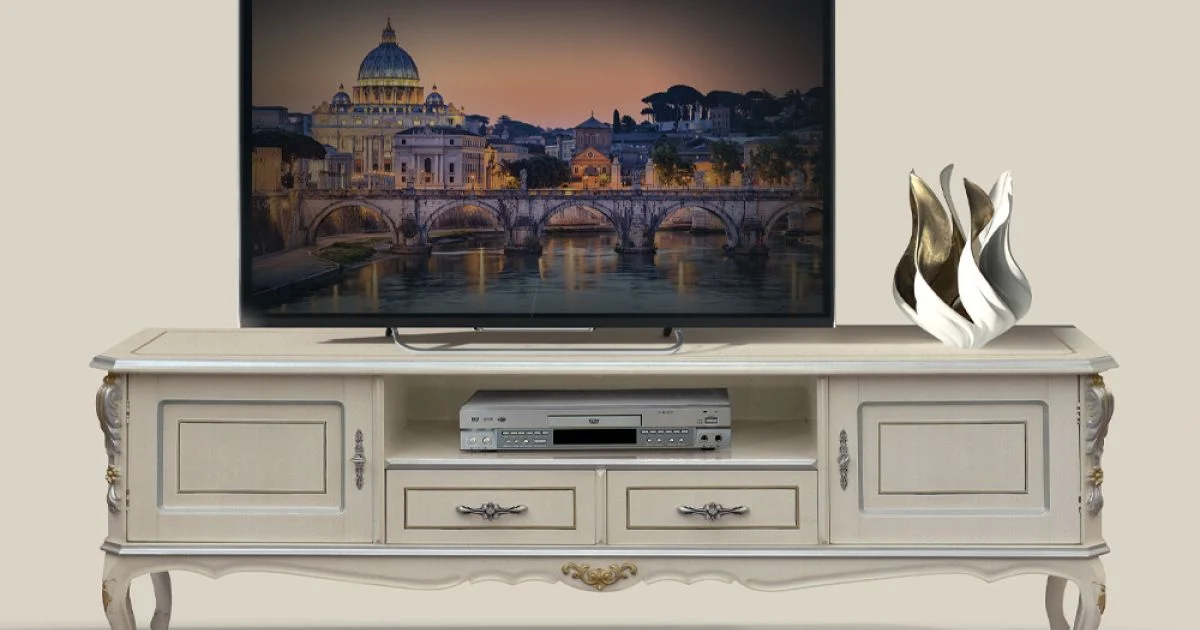 Mobile Porta Tv di Lusso Legno Bianco e Argento Made in Italy - Cheverny