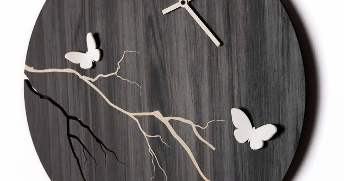 Orologio a Muro Design Tondo in Legno Inciso a Laser e Farfalle 3D - Farfo